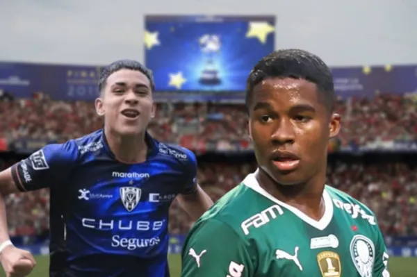 Kendry Páez com a camisa do Del Valle e Endrick com a camisa do Palmeiras