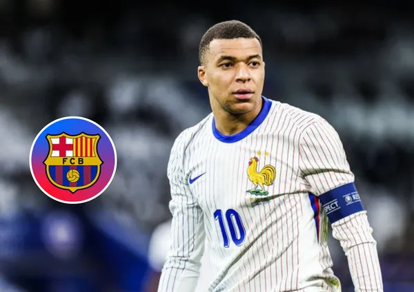 Kylian Mbappé e escudo do Barcelona