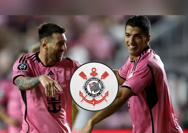 Lionel Messi, Luis Suárez e o escudo do Corinthians no meio