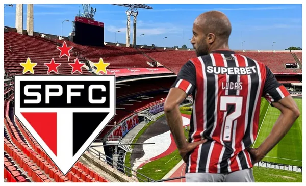 Lucas Moura com a camisa do São Paulo e o escudo do São Paulo