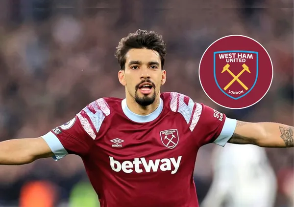 Lucas Paquetá e o escudo do West Ham ao lado