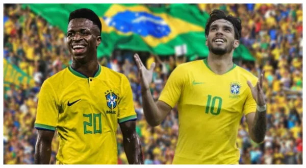Lucas Paquetá e Vinicius Júnior com a camisa da Seleção Brasileira