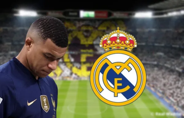 Mbappé com a camisa da Seleção Francesa e o escudo do Real Madrid