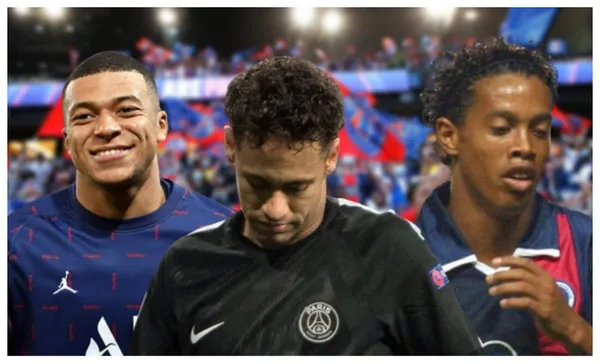 Mbappé feliz, Neymar e Ronaldinho Gaúcho triste