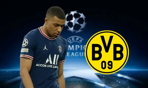 Mbappé triste com a camisa do PSG e o escudo do Borussia Dortmund