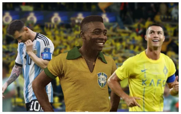 Messi com a camisa da Argentina, Pelé com a camisa do Brasil e Cristiano Ronaldo com a camisa do Al-Nassr