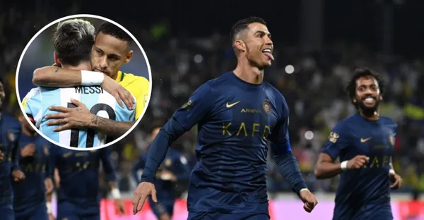 Messi e Neymar se abraçando enquanto CR7 comemora pelo Al-Nassr