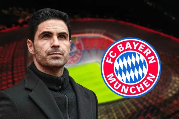 Mikel Arteta com uma camisa neutra e o escudo do Bayern de Munique