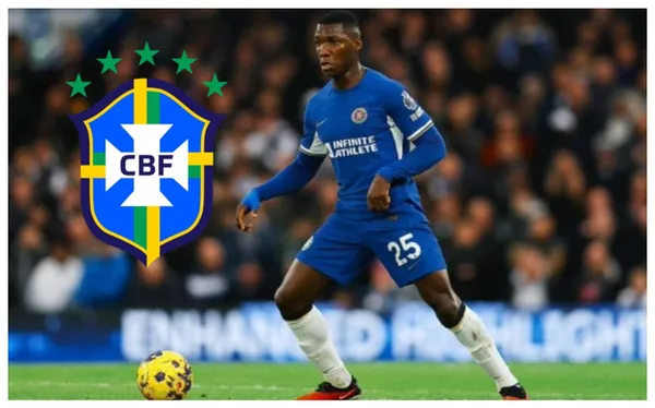 Moisés Caicedo com a camisa do Chelsea e o escudo da CBF