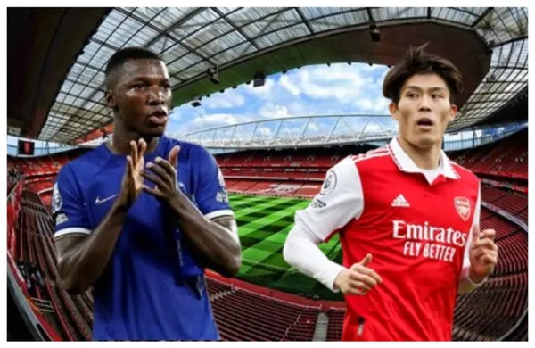 Moisés Caicedo com a camisa do Chelsea e Tomiaysu com a camisa do Arsenal