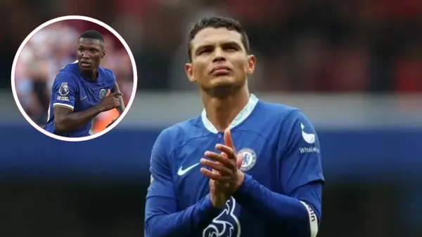 Moisés Caicedo e Thiago Silva em ação pelo Chelsea na Premier League