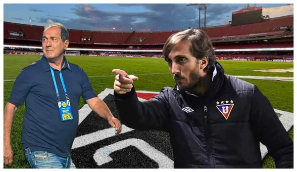 Muricy Ramalho com camisa neutra e Luis Zubeldia com a camisa da LDU