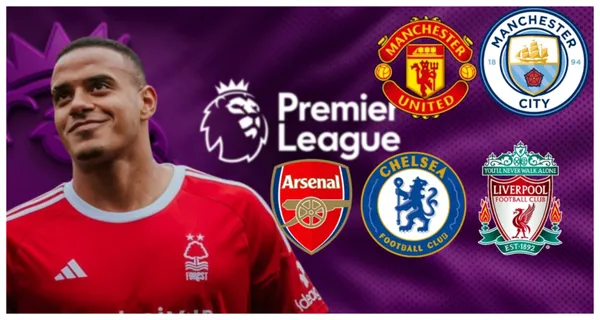 Murillo com a camisa do Notthingham Forest e os escudos do Big Six