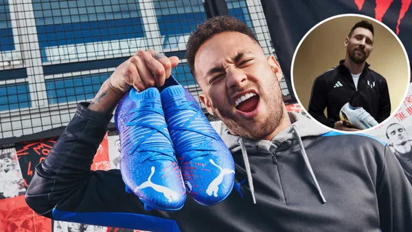 Neymar com a roupa da Puma e Lionel Messi com sua chuteira da Adidas