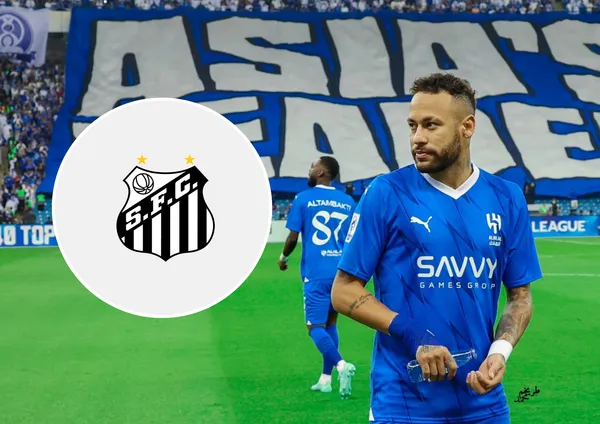 Neymar em campo pelo Al-Hilal e ao lado o escudo do Santos