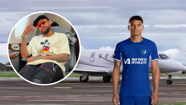 Neymar em seu jatinho ao lado de Thiago Silva com a camisa do Chelsea