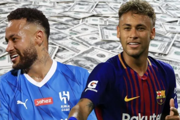 Neymar Júnior com a camisa do Al-Hilal e do Barcelona com dinheiro ao fundo.