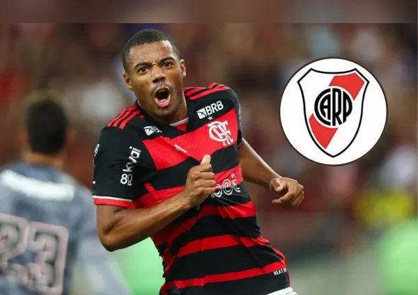 Nicolás De La Cruz e ao lado o escudo do River Plate