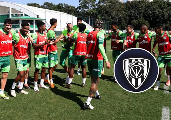 Palmeiras durante treinamento e ao lado o escudo do Del Valle