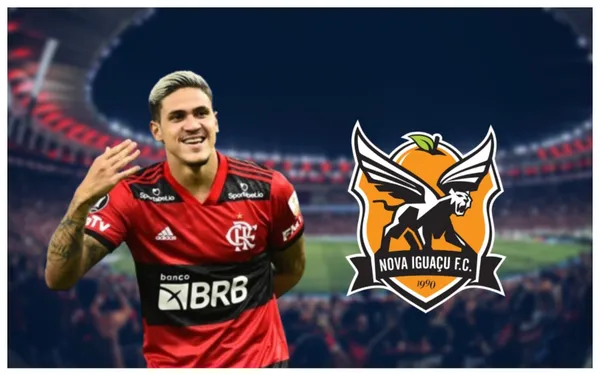 Pedro com a camisa do Flamengo e o escudo do Nova Iguaçu