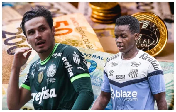 Raphael Veiga com a camisa do Palmeiras e Cazares com a camisa do Santos