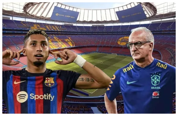 Raphinha com a camisa do Barcelona e Dorival com a camisa da Seleção Brasileira