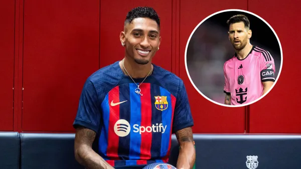 Raphinha com a camisa do Barcelona e Lionel Messi no Inter Miami