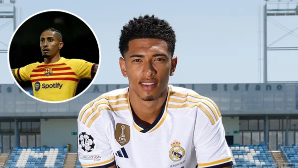 Raphinha no Barcelona e Bellingham com a camisa do Real Madrid