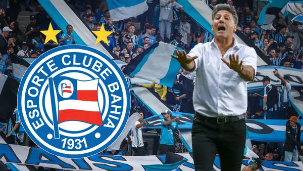Renato Gaúcho com o fundo da torcida do Grêmio e o escudo do Bahia