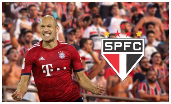 Robben feliz com a camisa do Bayern de Munique e do lado o escudo do São Paulo