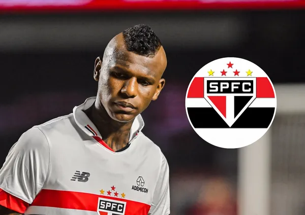 Robert Arboleda e ao lado o escudo do São Paulo