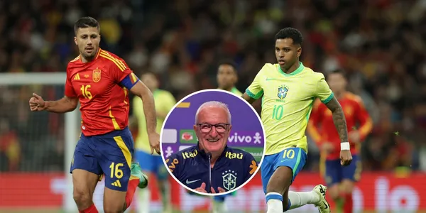 Rodri com a camisa da Espanha, Rodrygo com a camisa da Seleção Brasileira e Dorival Júnior com a blusa da Seleção Brasileira
