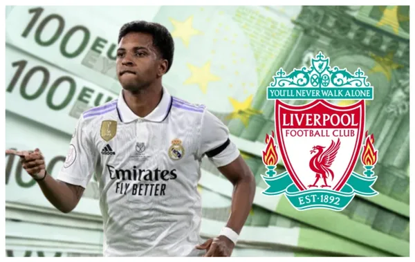 Rodrygo com a camisa do Real Madrid e o escudo do Liverpool