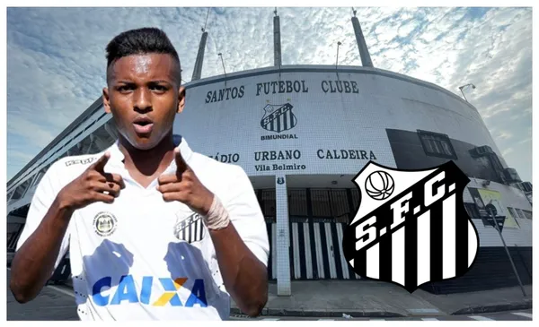 Rodrygo com a camisa do Santos e o escudo do Santos
