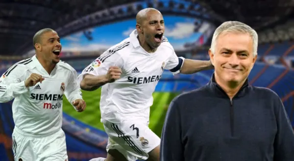 Ronaldo e Roberto Carlos com a camisa do Real Madrid e do lado José Mourinho