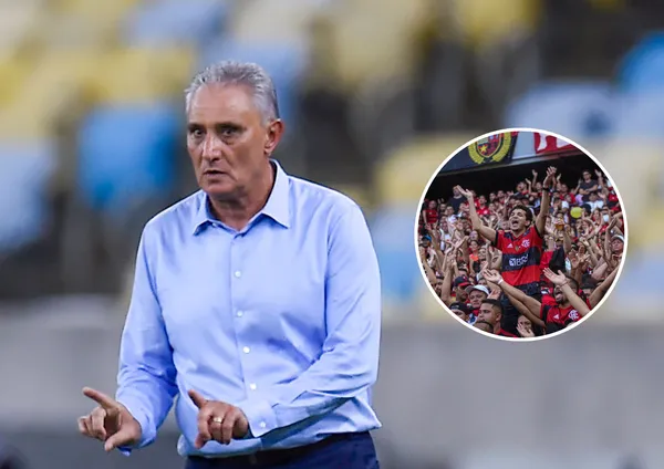 Técnico Tite e ao lado o escudo do Flamengo