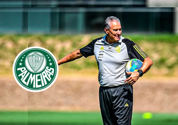 Técnico Tite e ao lado o escudo do Palmeiras