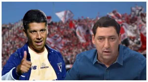 Thiago Carpini com a camisa do São Paulo e Paulo Vinícius Coelho