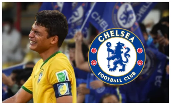 Thiago Silva Chorando com a camisa do Brasil e do lado o escudo do Chelsea