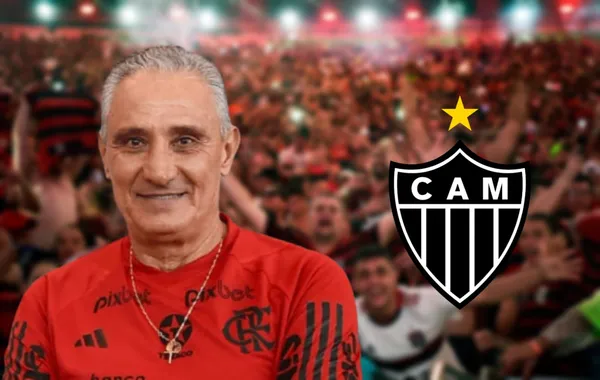 Tite com a camisa do Flamengo e do lado o escudo do Atlético-MG
