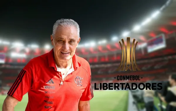 Tite com a camisa do Flamengo e do lado o logotipo da Libertadores