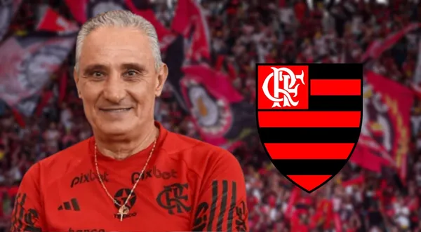Tite com a camisa do Flamengo e o escudo do Flamengo