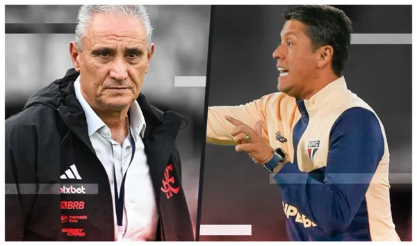 Tite com a camisa do Flamengo e Thiago Carpini com a camisa do São Paulo