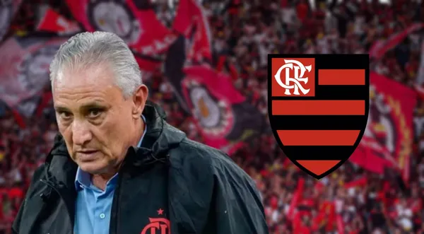 Tite sério com a camisa do Flamengo e escudo do Flamengo
