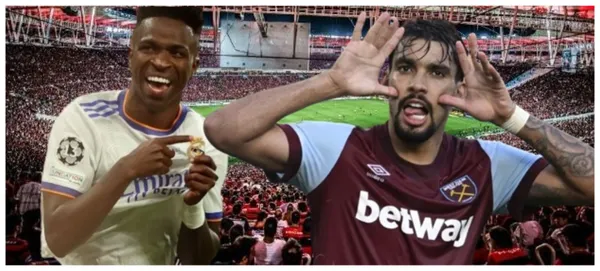 Vini com a camisa do Real Madrid e Lucas Paquetá com a camisa do West Ham