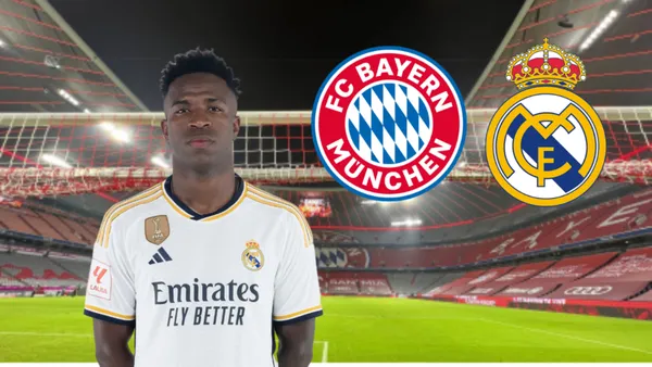 Vini Jr com a camisa do Real Madrid e a Allianz Arena ao fund