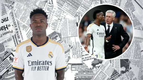 Vini Jr durante o partida do Real Madrid ao lado de Carlo Ancelotti