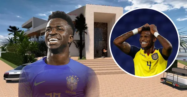 Vini Jr e Arboleda com a mansão do craque brasileiro ao fundo