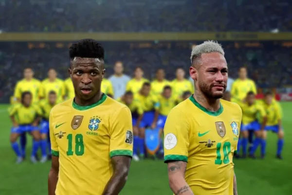 Vini Jr e Neymar com a camisa da Seleção Brasileira
