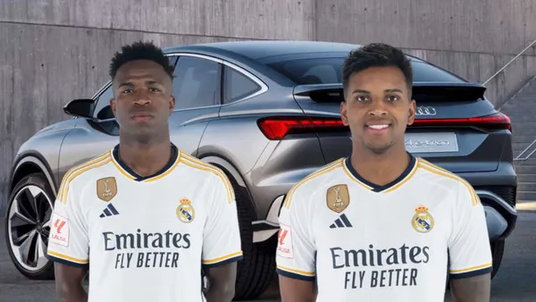 Vini Jr e Rodrygo no Real Madrid com o carro luxuoso ao fundo